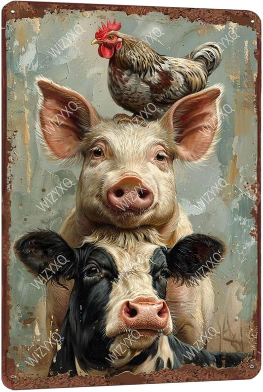 Metal Signs A Pig Cow Chicken Vintage Tin Sign for Home Office Kitchen Bar Cafe Garden Farmhouse Chicken Coop Wall Decor 12x8 Inch