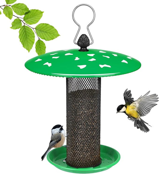 Veehoo Tube Bird Feeders for Outdoors Hanging-Finch Feeder for Nyjer Thistle Seed, Mushroom Metal Mesh Bird Feeder for Outside Hanging, Green