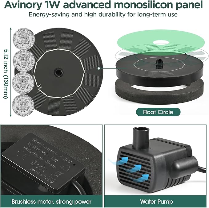 1W Solar Bird Bath Fountain Pump, Solar Fountain, Solar Powered Water Pump, Outdoor Water Fountain with 6-in-1 Nozzles, Free Standing Floating Solar Powered for Bird Bath, Garden, Pond, Pool, Outdoor