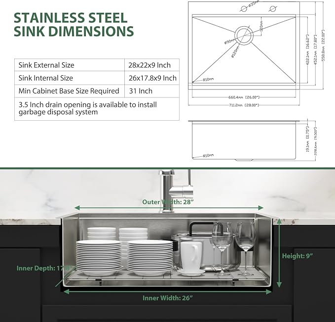 28 x 22 Inch Drop In Kitchen Sink Workstation 16 Gauge Stainless Steel Handmade Sink Single Bowl Topmount Large Deep Overmount Sinks Basin 28"x22"x9"