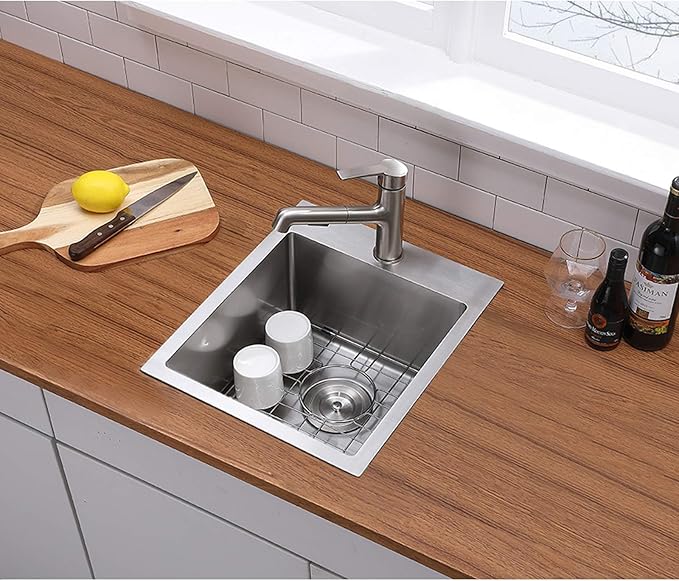 15x15 Inch Bar Sink Drop In, Topmount Kitchen Sink Stainless Steel Square Small Sinks, Single Bowl Kitchen Sinks for Laundry Wet Bar Prep RV Office Outdoor Yard