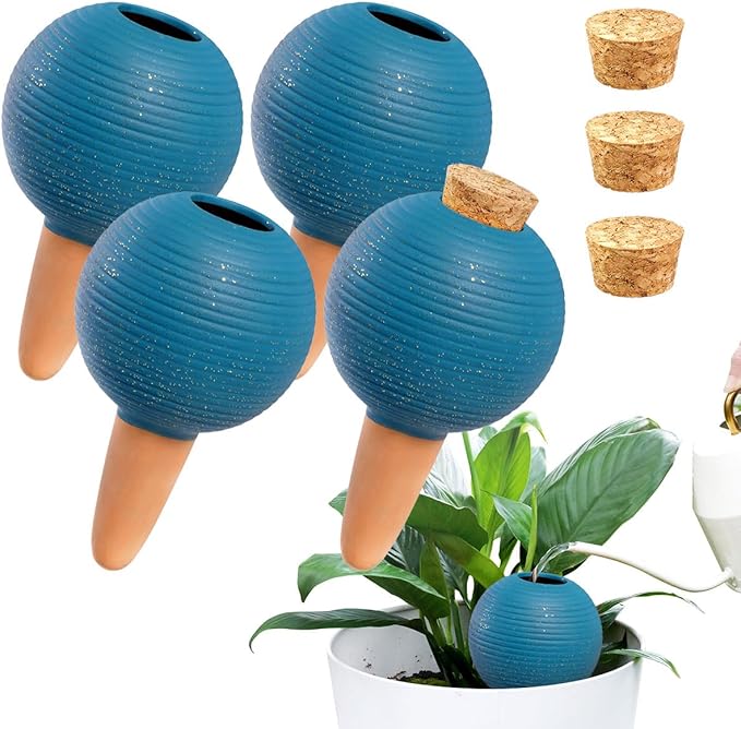 Plant Watering Globes Set of 4, 14oz Terracotta Self-Watering Globes for PottedPlants, Watering Planter Insert Bulbs with Cork Stoppers, Automatic Watering Spikes for Indoor&Outdoor Plants, Blue