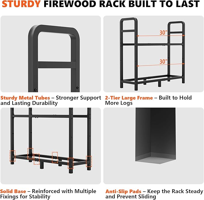2-Tier Large Firewood Rack Outdoor Indoor with Log Carrier Bag, 30" Stable Log Holder Rustproof Metal Wood Rack for Fireplace Patio Deck Firepit, Heavy Duty Firewood Storage Organizer Tool