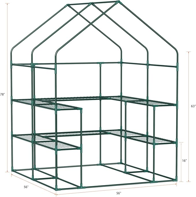 Walk-in Outdoor Greenhouse with 2 Mesh Windows, 4 Tiers, and 10 Shelves - Durable PE Cover, Pegs and Ropes for Stability- Perfect for Outdoor Gardens, Plants, Herbs, and Flowers (56x56x78 Green)