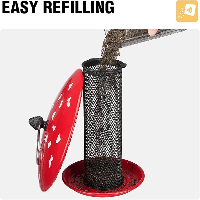 Veehoo Tube Bird Feeders for Outdoors Hanging-Finch Feeder for Nyjer Thistle Seed, Mushroom Metal Mesh Bird Feeder for Outside Hanging, Red