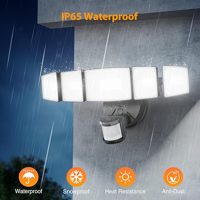 Onforu 5 Heads 120W Smart LED Security Lights Motion Sensor Outdoor, 340° Illumination WiFi Alexa Flood Light 12000LM APP Control, 2700K-6500K Exterior Motion Detector, IP65 Wall Light for Yard, Balck