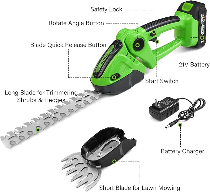 SOYUS Cordless Grass Shear, 2-in-1 Handheld Hedge Trimmers, 21V Electric Grass Trimmer & Shrubbery Trimmer, Battery Operated Hedge Trimmer for Garden/Lawn with Battery and Charger