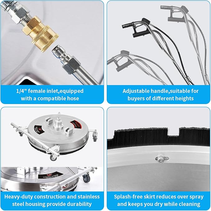 24" Pressure Washer Surface Cleaner with 5 Nozzles Water Broom - Stainless Steel Surface Cleaner for Pressure Washer Attachment for Concrete, Patio, Sidewalk, Deck and Driveways, 4200 PSI