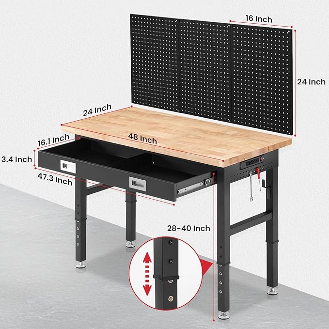Work Bench for Garage 48 x 24 Inch Adjustable Height Workbenches with Drawers Heavy Duty Rubberwood Tabletop Work Table with Pegboard, Power Outlets for Office Home Commercial
