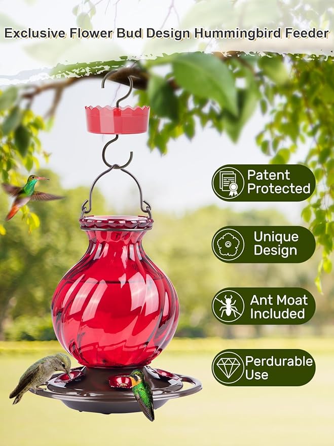 Hummingbird Feeder, Auslar 26 Ounces Glass Hummingbird Feeders for Outdoors Hanging Ant and Bee Proof, Ant Moat & 5 Flower Feeding Ports, Rustproof, Leakproof, Netted Flower Bud Shape, Red, 2 Pack