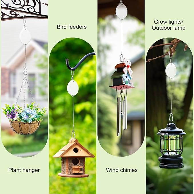 2Pcs Upgraded Heavy Duty Retractable Plant Hanger,Plant Pulleys for Hanging Plants,Easy to Raise and Lower,Auto Lock,Adjustable Hook for Garden Baskets Pots,Birds Feeder and Wind Chime,White