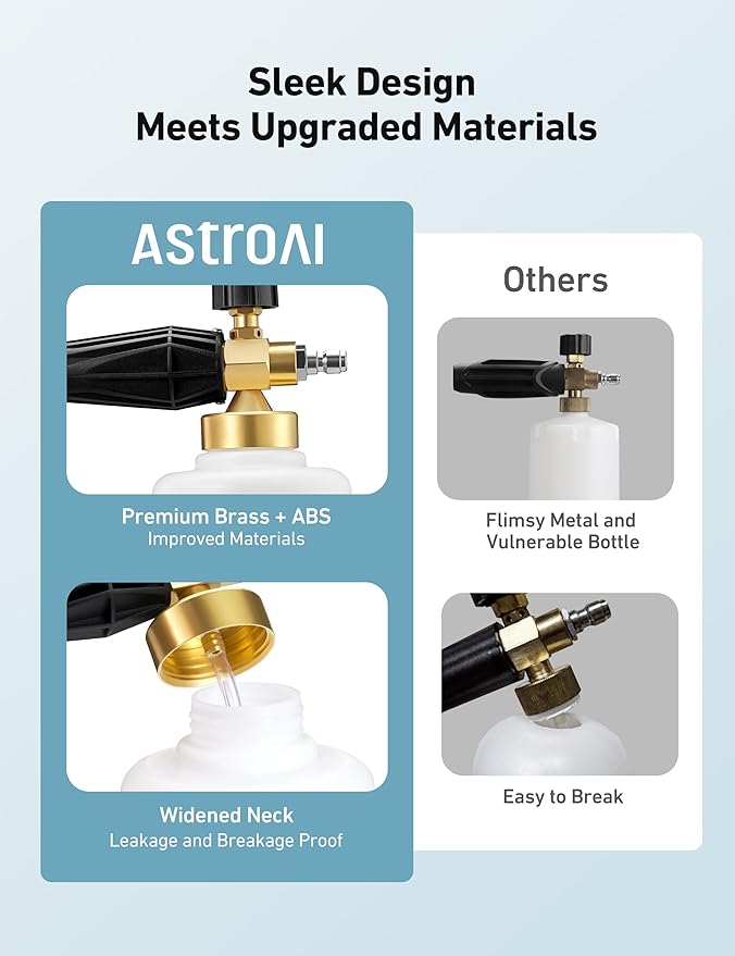 AstroAI Foam Cannon Heavy Duty Car Foam Blaster Wide Metal Neck Bottle Adjustable Snow Foam Lance for Pressure Washer with 1/4" Quick Connector and 1.5 L Bottle,not Used with Garden Hose