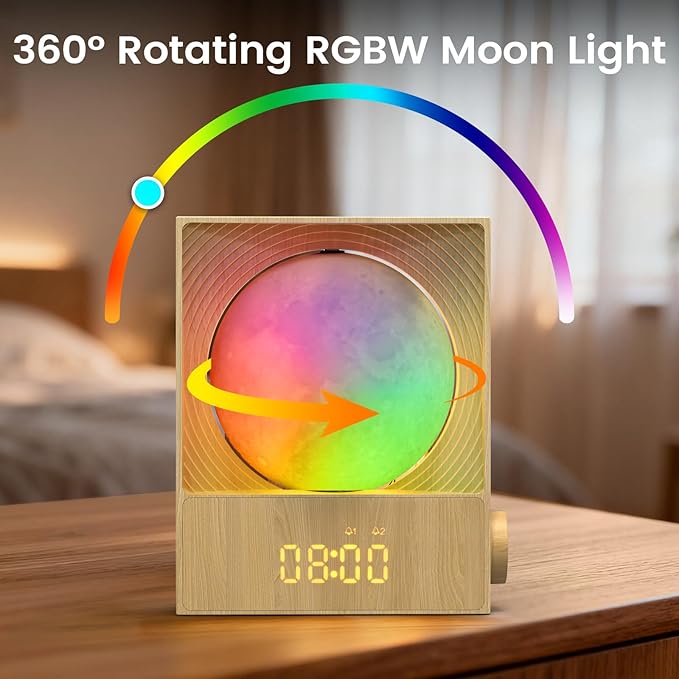 Sunrise Alarm Clock, 360-Degree Rotating Moonlight & 10 White Noise Sounds, Dual Alarm & Snooze for Heavy Sleeper, Timer, Wooden Bedroom Light Gift - Wood