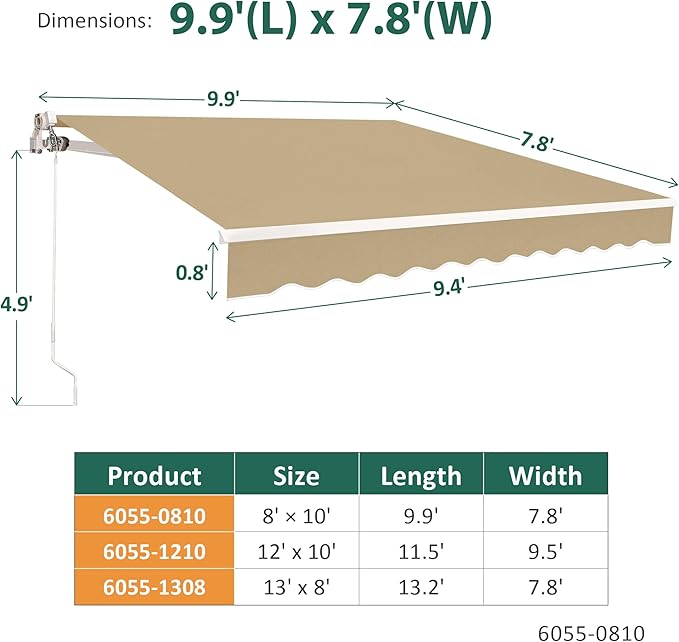 MCombo 9.9x7.8 Feet Manual Retractable Patio Door Window Awning Sunshade Shelter Outdoor Canopy, 0810 (Beige, 9.9'(L) x 7.8'(W))