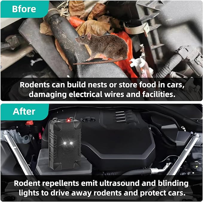 2 Pcs Under Hood Rodent Repeller with Strobe Light & 3 Power Supply Methods, Professional Ultrasonic Mouse Repellent Rat Squirrel Deterrent for 12V Cars Trucks RV Engine Bay Warehouse Attic