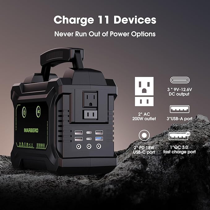 MARBERO 200W Portable Camping Generator 222Wh High Capacity Power Bank with 40W Solar Panel, Multi-Output Ports Charging for IPhone,Laptops, Cameras,Drones, Suitable for Outdoor Camping, RV
