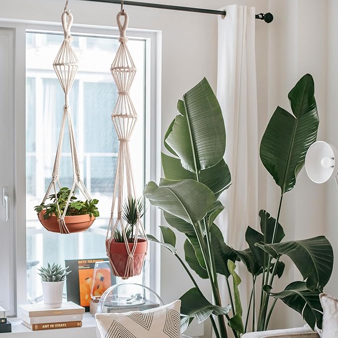 2Pcs Macrame Plant Hangers Indoor Macrame Hanging Planters Large for up to 10 inch Pot No Tassels Long Crochet Boho Plant Hanger Holder for Indoor Outdoor Plants Different Size 35”/39" (White)