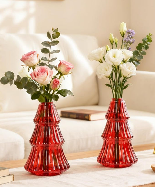 Nacome 2Pcs Tree-Shaped Glass Plant Terrarium,Planter Propagation Station Christmas Tree Decorations for Hydroponics Home Office, Unique Gifts for Plant Lovers Women Mom(Red)