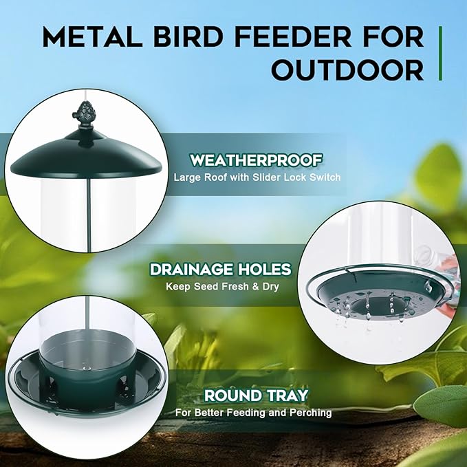 Metal Bird Feeders for Outdoors Hanging, 1.8 Lb Capacity Weather Resistant Wild Bird Feeder with 360 Degree Feeding Tray, Green