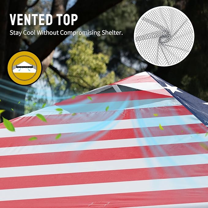 CROWN SHADES 10x10 Pop Up Canopy - Beach Tent with One Push Setup - Easy Outdoor Sun Shade for Events, Parties, Camping - Gazebo with STO-N-Go Cover Bag, Silver Coated Top, American Flag