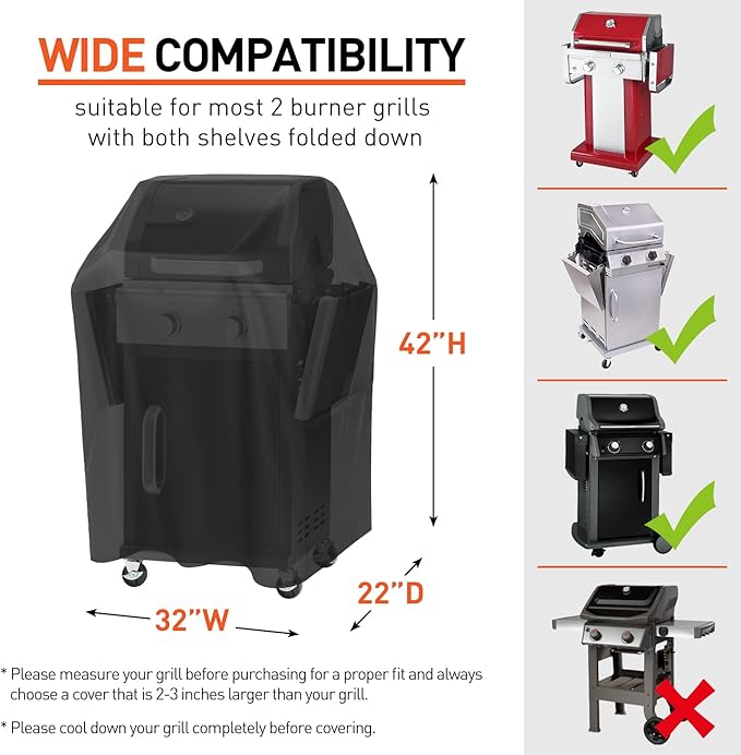 Arcedo Small Grill Cover 32 Inch, Heavy Duty Waterproof 2 Burner BBQ Gas Outdoor Barbecue Cover, Compatible with Weber Char Broil Nexgrill Grill with Collapsed Side Tables