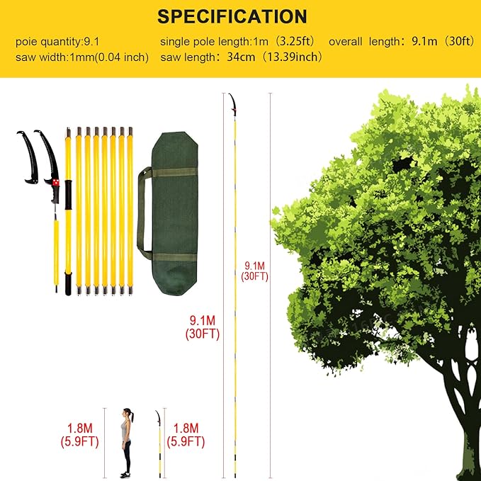 30 Feet Tree Pole Pruner, Durable Tree Trimmers Handle, Manual Branches Trimmer for Garden Tools Loppers Hand Pole Saws Extendable Height with Knives and Storage Pocket