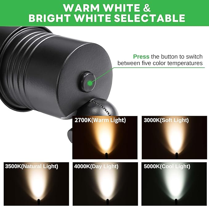 Outdoor Landscape Spotlights - 2700K/3000K/3500K/4000K/5000K Switchable White, LED Low Voltage Spot Lights Hard-Wired, IP65 Waterproof Uplighting, Black Aluminum for Backyard Fence 8 Pack