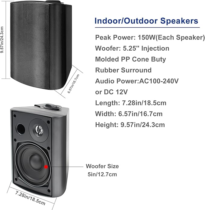 STUDIOFINIX 5.25 Inches 600 Watts Indoor Outdoor Bluetooth Speakers All Weather Wired Wall Mount System for Patio Deck (4 Speakers)