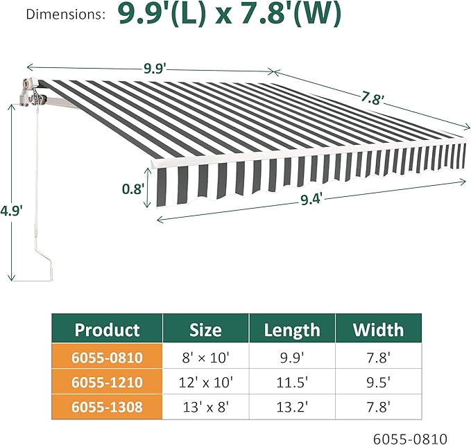 MCombo 9.9x7.8 Feet Manual Retractable Patio Door Window Awning Sunshade Shelter Outdoor Canopy, 0810 (Grey with White Stripes, 9.9'(L) x 7.8'(W))