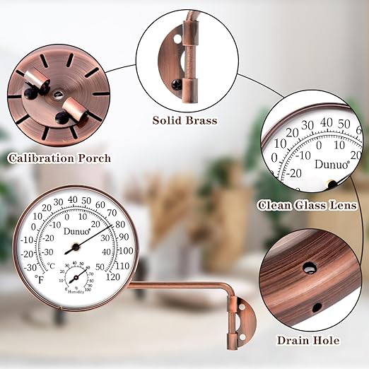 Outdoor Thermometer - Weatherproof & Decorative Outside Temperature Gauge for Window, Greenhouse Accessories and Patio (Easy-Read Brass Swivel Design) (4inch with Longer arm)
