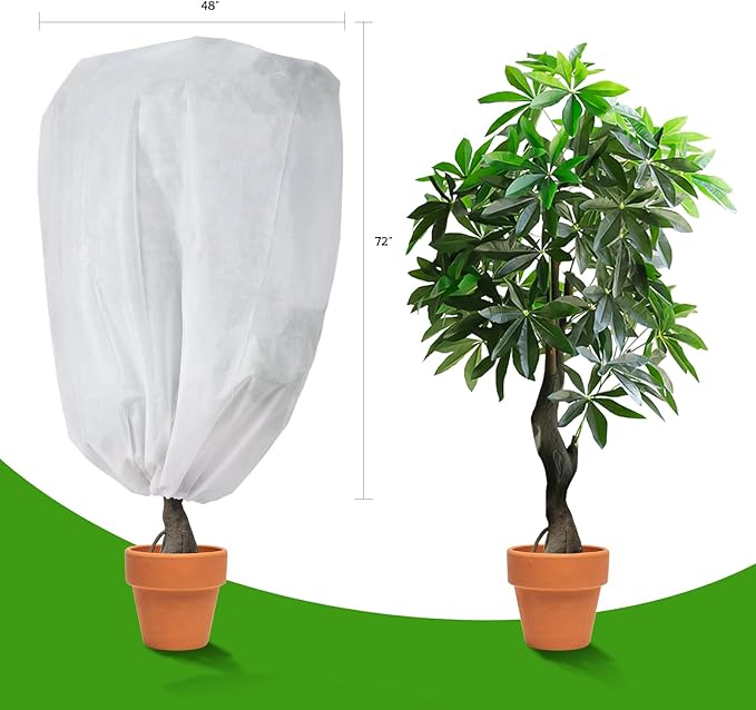 2-Pack Plant Covers Freeze Protection 48" x 72" 2.2 oz, Frost Cloth Plants Jacket Drawstring Tree Cover for Outdoor Plants, Shrub Potted Plants Winter