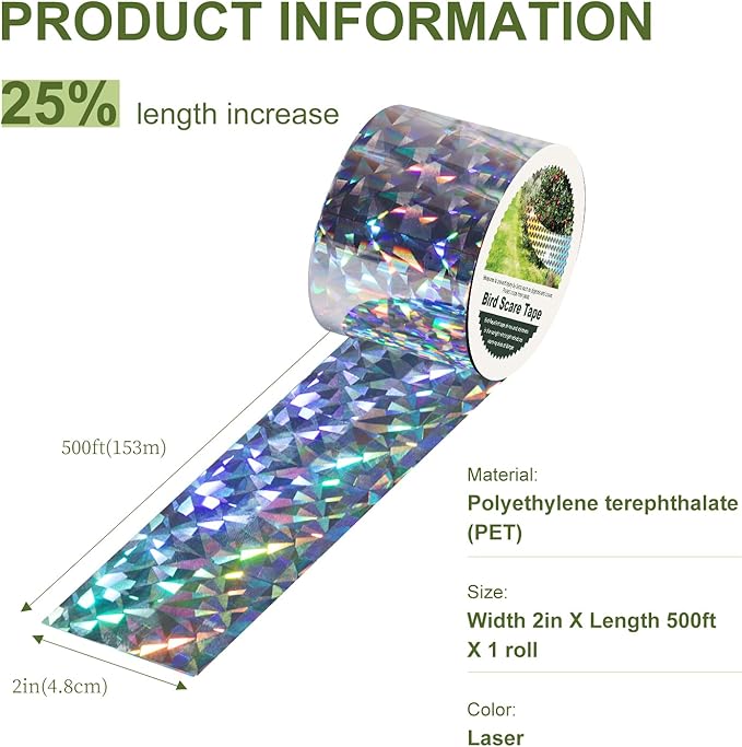 OFFO Bird Reflective Tape, 430 Feet x 2 in Dual-Sided Bird Reflective Tape Outdoor for Garden, Farm, Orchard or Courtyard