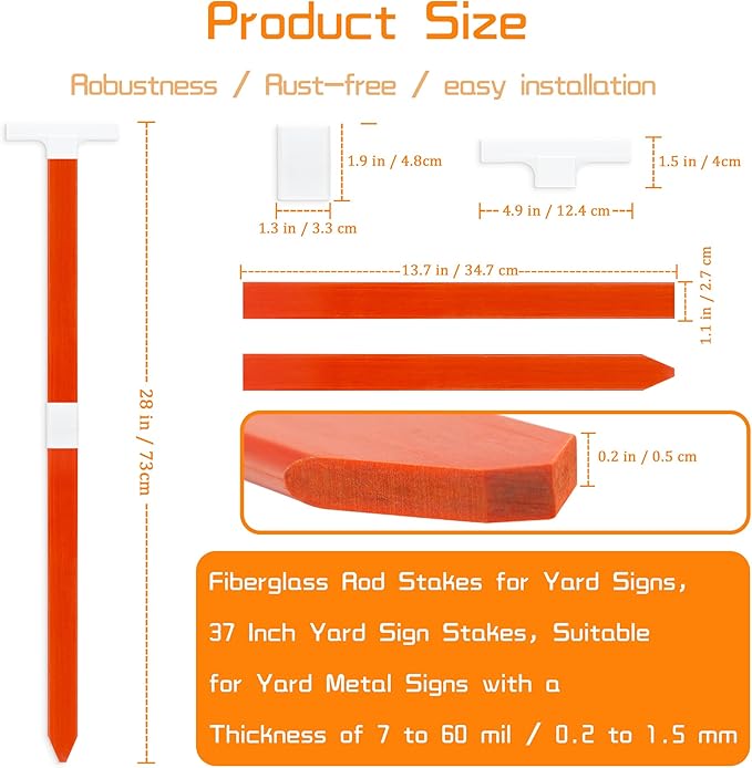 2-Pack Orange Fiberglass Rod Stakes for Yard Signs, 28 Inch Yard Sign Stakes, Suitable for Yard Metal Signs with a Thickness of 7 to 60 mil / 0.2 to 1.5 mm