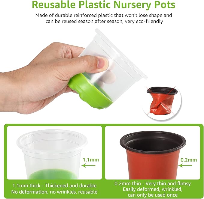 MIXC 30 Packs 4" Reinforced Clear Nursery Pots with Silicone Base for Easy Transplant, Transparent Plastic Plant Pot Reusable Seedling Pots Seed Starter Pots Flower Pot, Green
