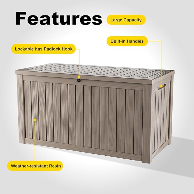 DRATO 150 Gallon Outdoor Storage Box, Large Waterproof Deck Box, Lockable Resin Storage Container with Reinforced Support for Patio Cushions, Garden Tools, UV-Resistant Outdoor Chest