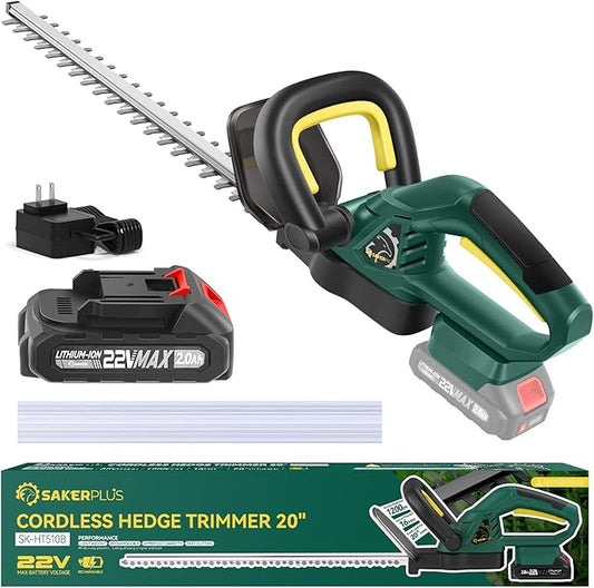 Cordless Hedge Trimmer, 22V Electric Bush Trimmer with 20” Dual-Action Blades, 3/5" Cutting Capacity, Lightweight Shrub Trimmer Handheld Hedge Cutter, 1 Battery and Fast Charger Included