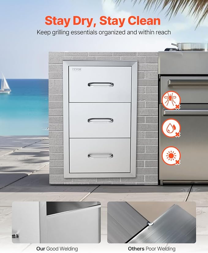 VEVOR Outdoor Kitchen Drawers 16" W x 28.5" H x 20.5" D, Flush Mount Triple Access BBQ Drawers with Stainless Steel Handle, BBQ Island Drawers for Outdoor Kitchens or BBQ Island Patio Grill Station