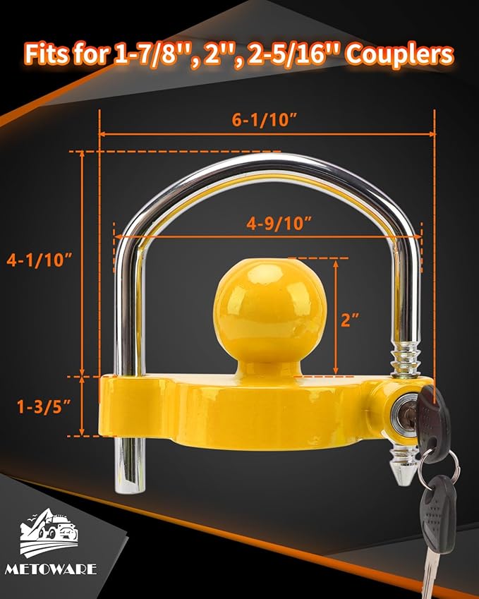 METOWARE Trailer Coupler Lock Universal Adjustable Heavy-Duty Steel Trailer Hitch Lock, Anti Theft Trailer Ball Lock Towing Lock for Towing Trailer Security Fits 1-7/8",2”, 2-5/16" Coupler Yellow