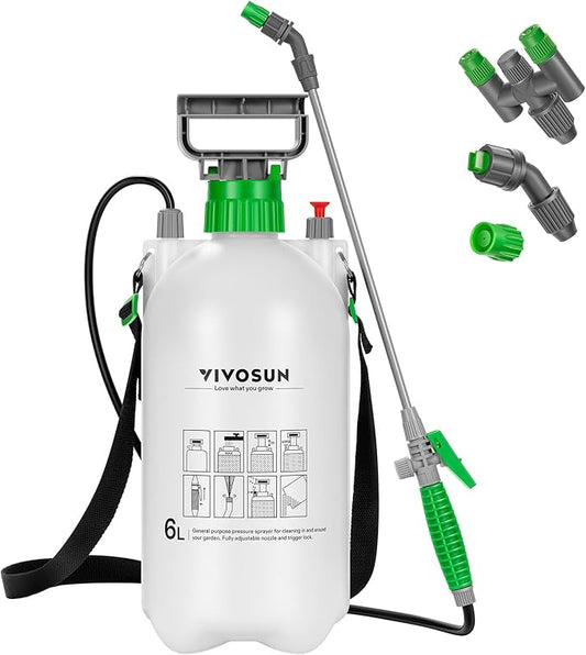 VIVOSUN 1.6 Gal/6L Pump Sprayer, Garden Water Sprayer for Plants, Weeds & Lawn Care, with 3 Nozzles, 50'' Long Hose & Pressure Relief Valve