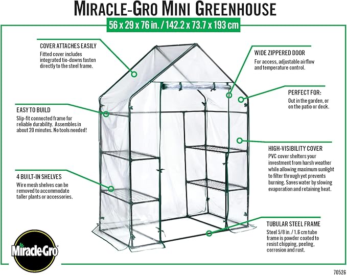 Miracle-Gro 4'8" x 29" x 6'5" All-Season Mini Walk-in Greenhouse with 4 Wire Shelves for Outdoors, Easy-Access and Durable, Translucent
