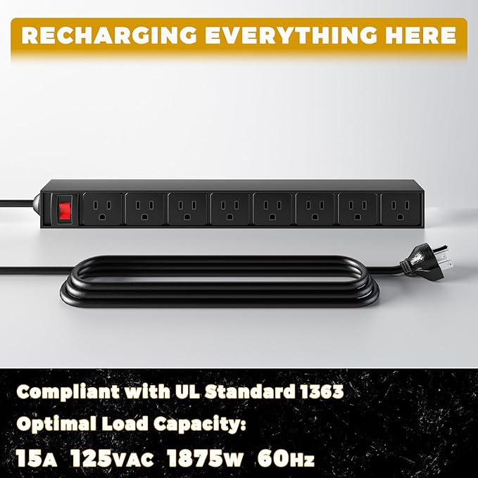 KAFAHOM Power Tool Organizer with Charging Station, Built in 8 Outlet Power Strip,Large 8 Drill Holder Wall Mount, Heavy Duty Metal Power Tool Storage Rack Tool Shelf for Garage Organization Black