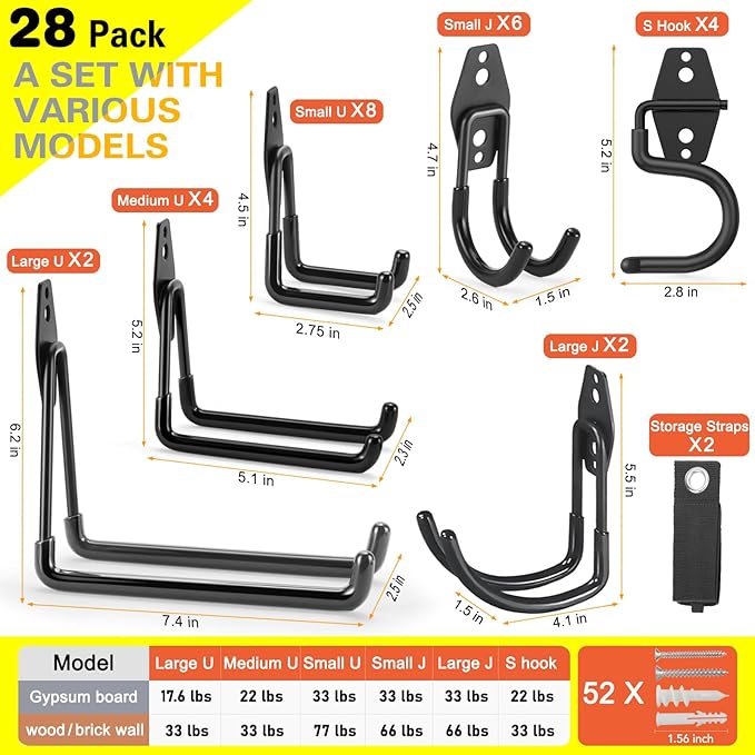 28 Pack Heavy Duty Garage Hooks, Utility Wall Mounted Storage System, with Anti-Slip Coating Hanger, for Hanging Power and Garden Tools, Ladders, Bikes, Ropes and Bulk Items