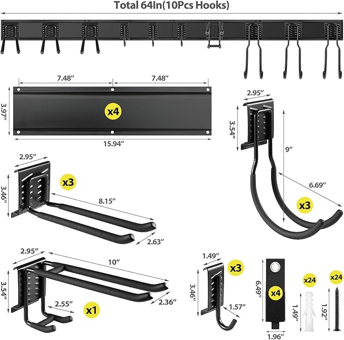 Tool Storage Rack Wall Mount, 64 Inch Adjustable Garden Tool Organizer, Heavy Duty Garage Wall Organizer Rack, Yard Tool Organizer System for Rake Shovel Broom Mop Wall Holder