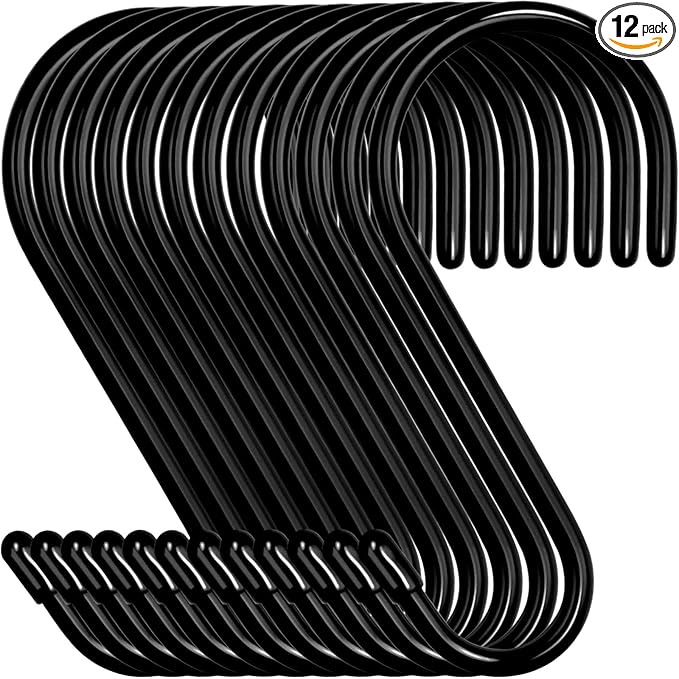 12 Pack 4-1/2 Inch S Hooks, Large Vinyl Coated Closet Hooks Non Slip Heavy Duty for Hanging, Steel Metal Black Rubber Coated for Jeans Plants Clothes Pot Pan Cups Towel
