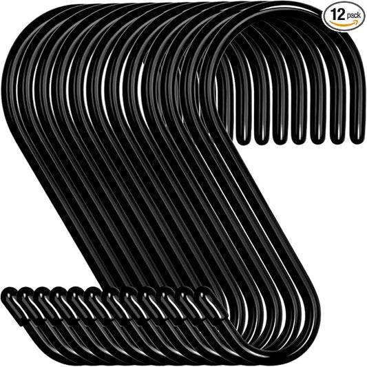 12 Pack 4-1/2 Inch S Hooks, Large Vinyl Coated Closet Hooks Non Slip Heavy Duty for Hanging, Steel Metal Black Rubber Coated for Jeans Plants Clothes Pot Pan Cups Towel