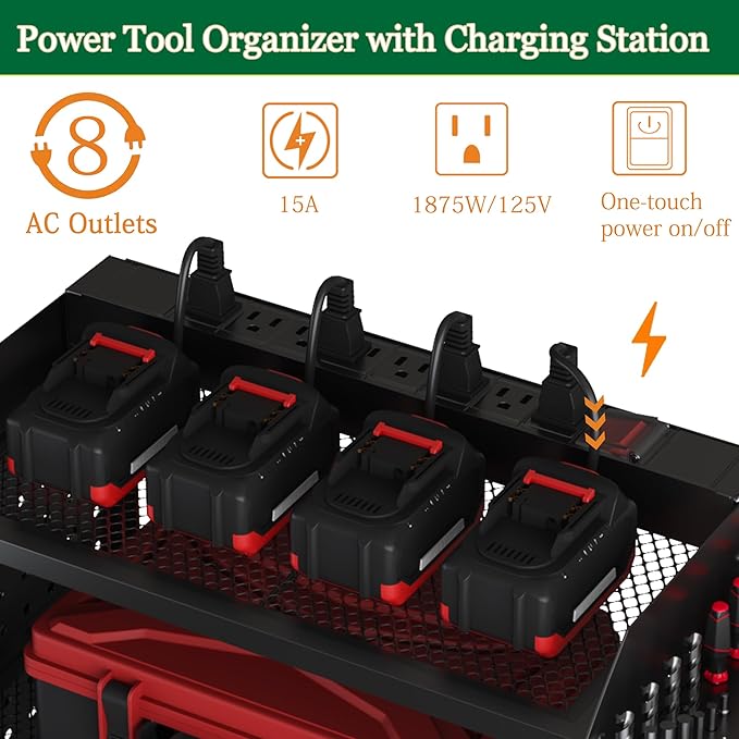 Power Tool Charging Station, Garage 4 Drill Power Tool Wall Organizer, Metal Hand Tool Storage Rack, Utility Racks, Cordless Drill and Battery Holder for Garage Organization, Gifts for Men Dad Husband