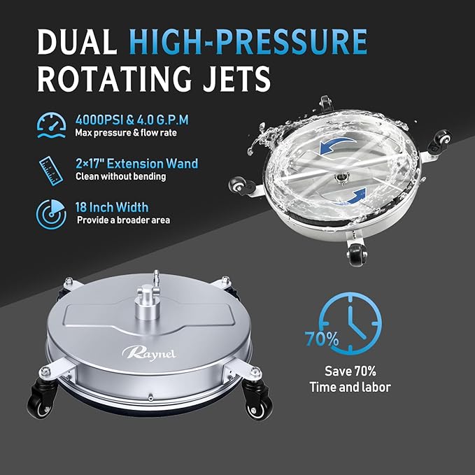 RAYNEL 18'' Pressure Washer Surface Cleaner with 4 Wheels, Stainless Steel Housing, 1/4" Quick Plug, 2 Extended Wands, 2 Replacement Nozzles and 5 Spray Nozzles
