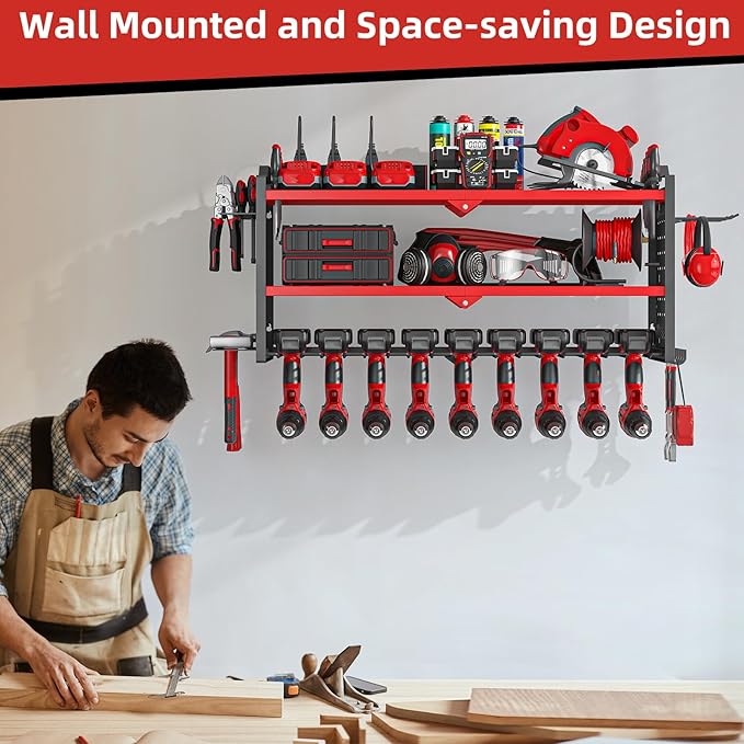 Power Tool Organizer Wall Mount with 9 Drill Holder, Cordless Tool Organizer and Storage Rack, Garage Heavy Duty Metal Shelf Organization for Battery, Tool Box, Hammer, Screwdriver（Red）