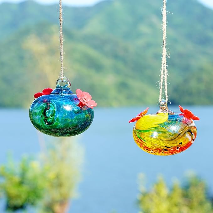 Pack 2 Blown Glass Hummingbird Feeders for Outdoors Small Glass Humming Bird Feeder for Window Hanging Ant and Bee Proof Humming Birds Feeders Decor for Garden Outside