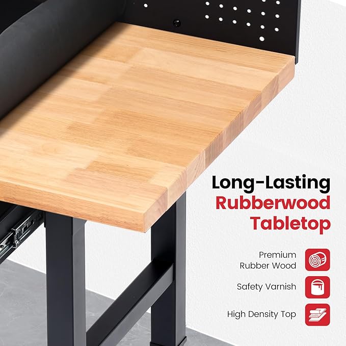 Work Bench for Garage 48 Inch Heavy Duty Rubberwood Tabletop Workbench with Wheels, Pegboard, Drawers, Power Outlets Adjustable Height Work Table for Home, Office, Workshop